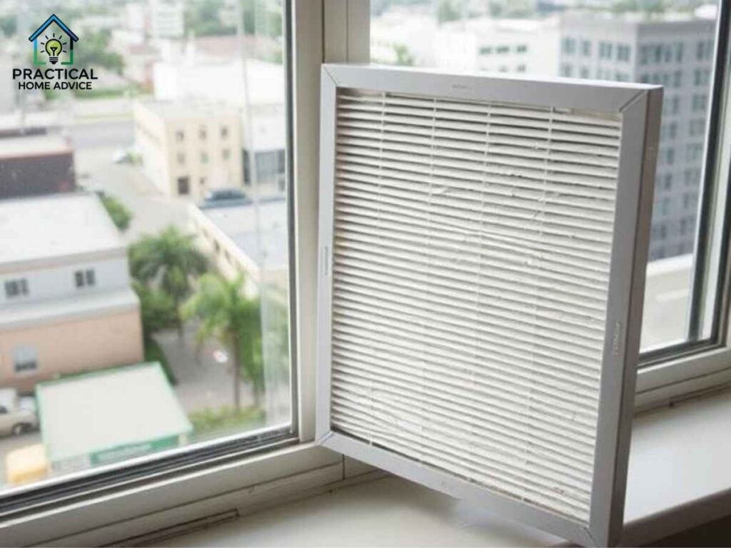 Freshly replaced Mather air filter beside a Los Angeles window overlooking local streets