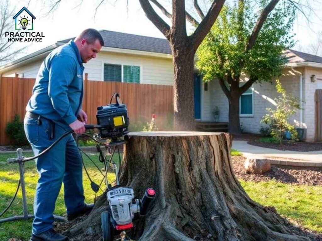 Los Angeles professional grinding tree stump in residential yard near American River Parkway